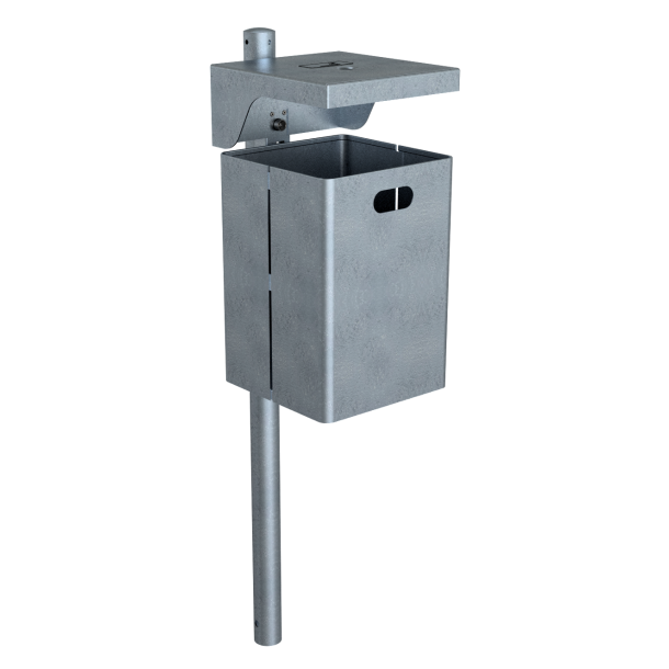 Square litter bin with cover, with ashtray | hot dipped galvanized | with standingpost 60x1300mm